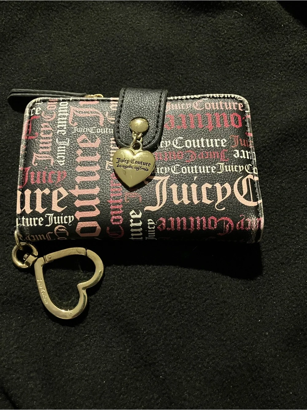 Juicy Couture Gothic Monogram Bifold Wallet Pink Black Heart Charm Y2K Style